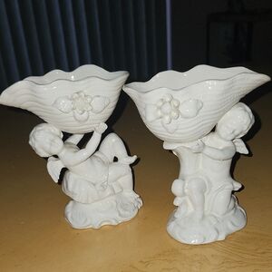 Pair of White Ceramic Cherub Accent Vases by Ardalt